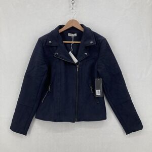Rielle Jacket Womens Medium Navy Moto Faux Suede Asymmetrical Zipper Quilted